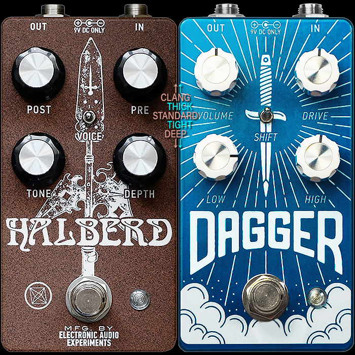 The Electronic Audio Experiments Halberd V2 Transistor Overdrive and Dagger V2 Opamp Distortion are a perfect pair of Versatile Fuzz-Edged Pedalboard Weapons from the John Snyder Armoury