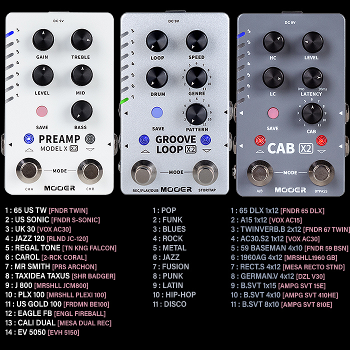 Mooer rolls out 3 more smart Dual-Footswitch X2 Units - Cab, Groove Loop and Preamp Model X