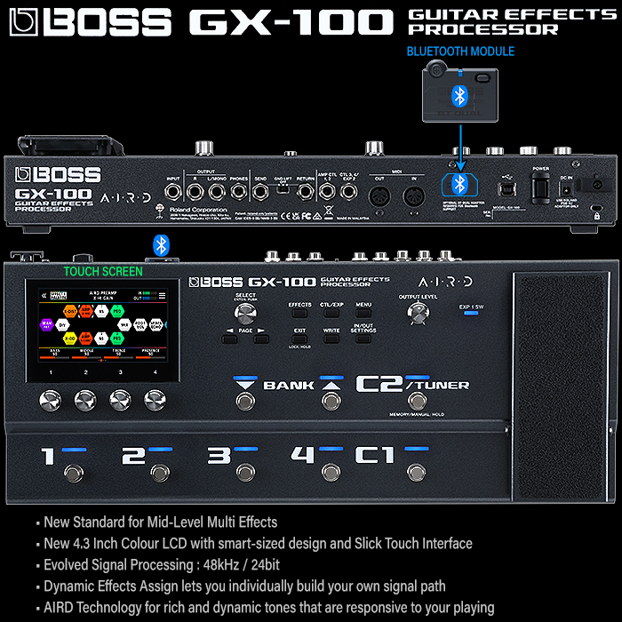 Boss's GX-100 Guitar Effects Processor is its smartest Multi-FX unit yet - with Cool Touch Screen, and Blue Tooth Support Onboard