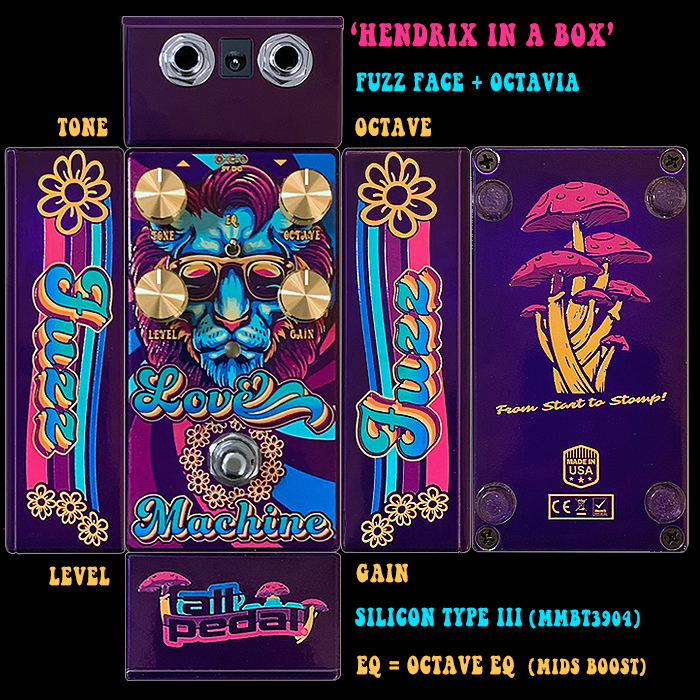 All-Pedal's Love Machine Fuzz is a beautifully packaged Hendrix in a Box Tone Machine