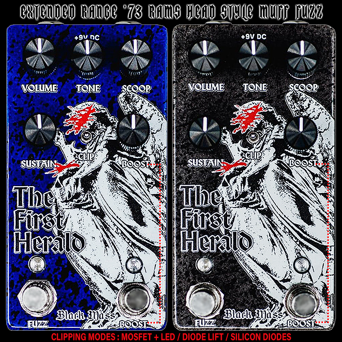 Black Mass Electronics shrinks its versatile The First Herald Ram's Head Muff Style Extended Range Fuzz into more pedalboard-friendly compact enclosure