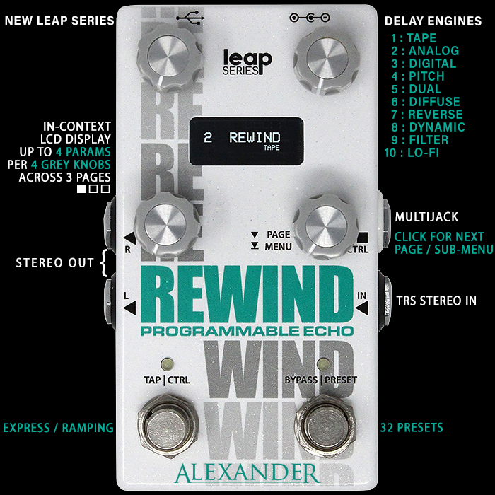Alexander Pedals' Second Leap Series Pedal is the really cool 10-Mode Rewind Programmable Stereo Echo