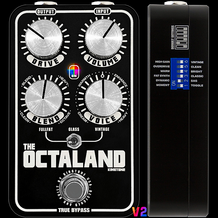 King Tone's Updated V2 Octaland Octave Fuzz adds colour-changeable LED, and 6 side-mounted Tone-Shaping dip-switches to already formidable format