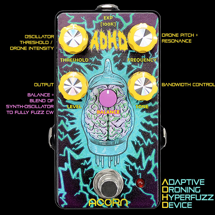 Acorn Amps new Adaptive Droning Hyperfuzz Device is a Glitchy, Bit-crushing, Octave Square Wave Guitar Synth Oscillator masquerading as a Fuzz Pedal