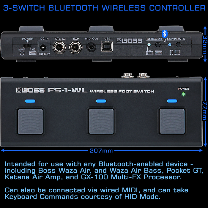 Boss's new FS-1-WL Wireless 3-Switch Controller gives you unprecedented freedom of action via Bluetooth and Wired MIDI Connectivity