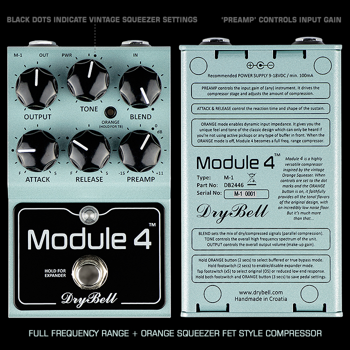 DryBell's new Module 4 Compressor is inspired by the Dan Armstrong Orange Squeezer while it goes well beyond that with some really clever switching features