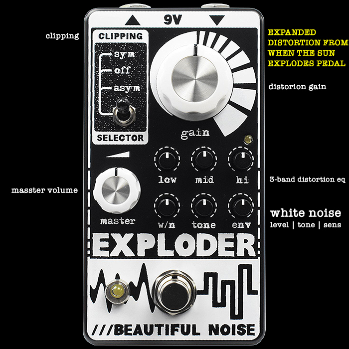 Beautiful Noise Effects' newly evolved Exploder pedal Generates a Wonderful Sunburst of Distortion combined with White Noise