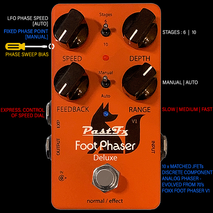 PastFX's 6 and 10 JFET Stage Analog Foot Phaser Deluxe takes the Foxx Phaser Circuit to new heights