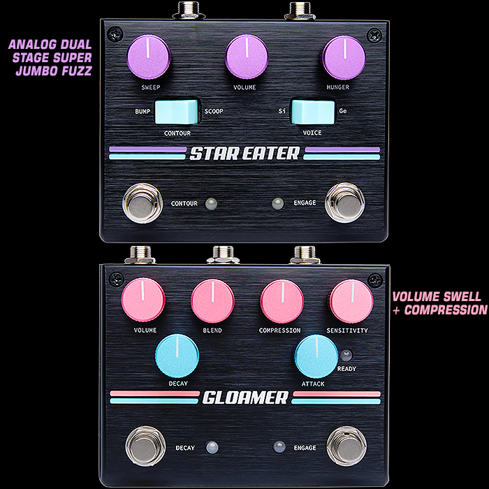 Pigtronix's 80's-inspired Star Eater Fuzz and Gloamer Volume Swell make for a Striking Pair