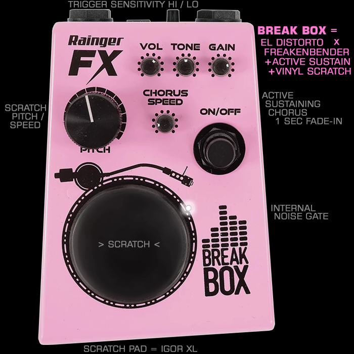 Rainger FX's latest Break Box Pedal is a fantastic confection of its El Distorto and Freakenbender circuits with added Active Sustaining Chorus and Vinyl Scratch Effect