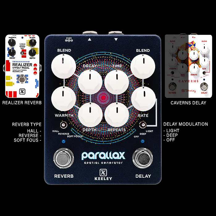 The Keeley Electronics Parallax Spatial Generator is a new spin on the Caverns EchoVerb format featuring the Realizer Reverb on the Left Channel