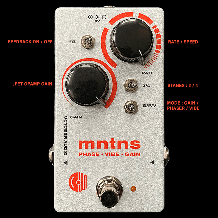 October Audio's new MNTNS compact pedal is a cool hybrid Analog 2 & 4 Stage OTA Phaser with additional Vibrato and JFET Opamp Gain Stage Playback Modes