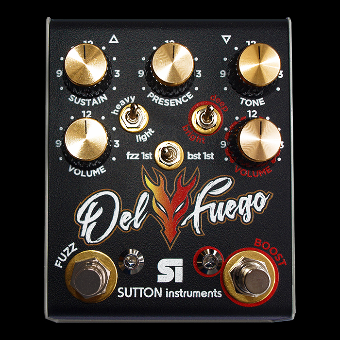 Sutton Instruments first pedal is the 70's inspired extended range Del Fuego Fuzz with Independent Boost