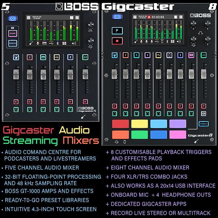 Boss launches 2 pedals into an entirely new category - the Gigcaster 5 & 8 Multi-Channel Audio Streaming Mixers