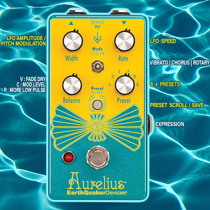 EarthQuaker Devices' Aurelius is a smart Tri-Voice Digital Chorus, Vibrato and Rotary Pedal with 6 Presets onboard