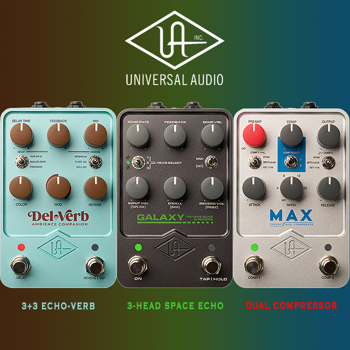 Universal Audio's 3rd batch of UAFX DSP Pedals consists of the DelVerb Echo-Verb, Galaxy Space Echo, and Max Dual Compressor and Preamp