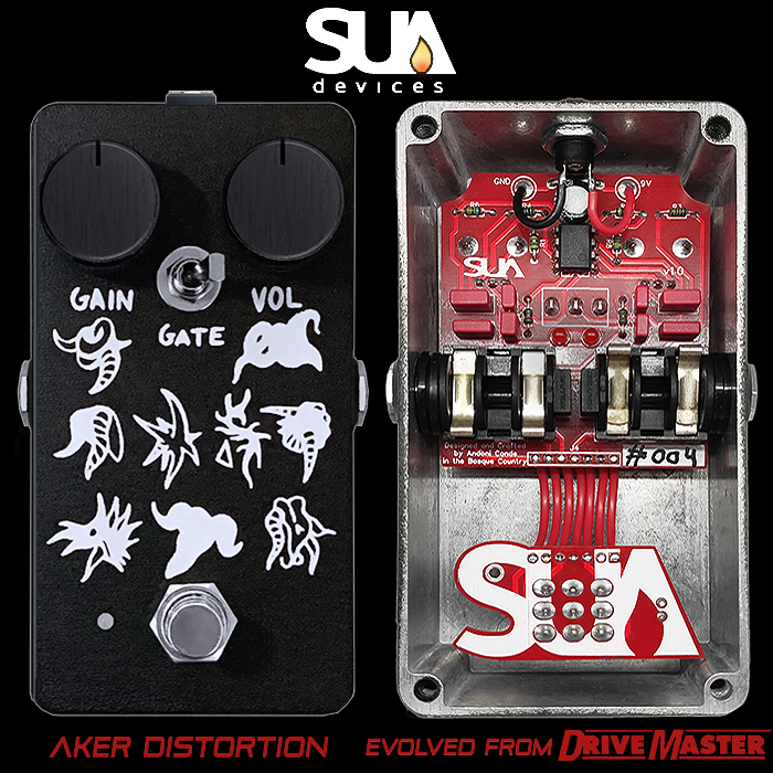 Sua Devices's Aker Distortion is a smartly-engineered 2-knob evolution of the DriveMaster - with added Noise Gate