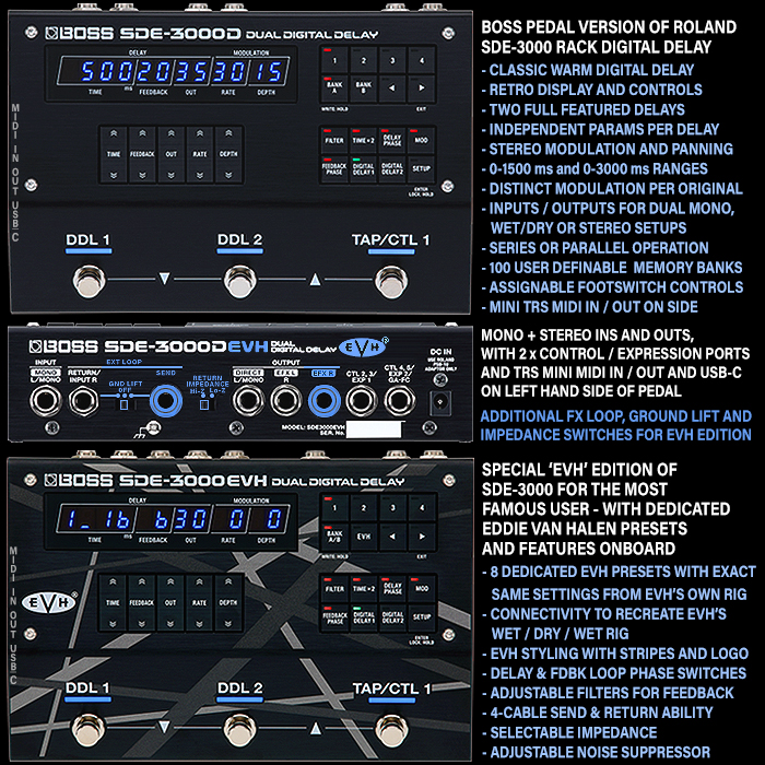 Boss SDE-3000D and SDE-3000EVH Dual Digital Delays Replicate and Enhance the Legendary Roland SDE-3000 Rack-Mount Digital Delay System first introduced in 1983