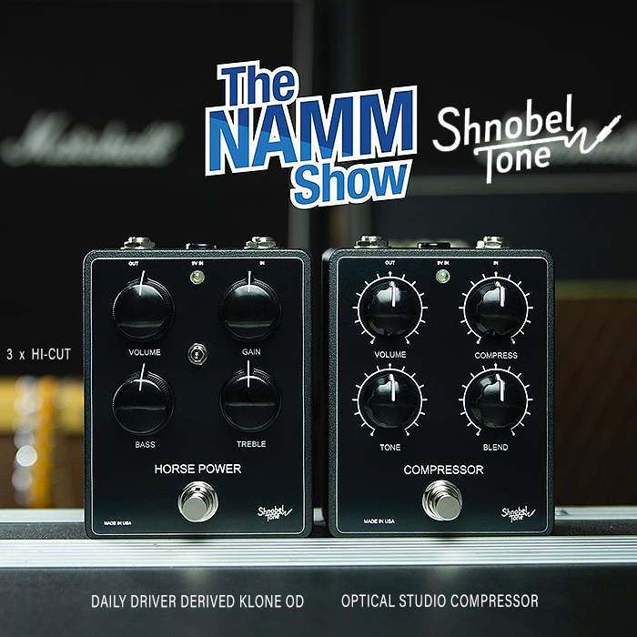 Shnobel Tone releases two new pedals at NAMM - the Horse Power Overdrive, and Optical Studio Compressor