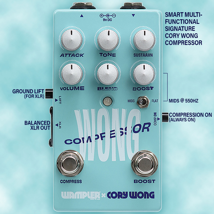 Cory Wong teams up with Wampler to launch his slick Signature Multi-Functional Wong Compressor, Sustainer and Boost