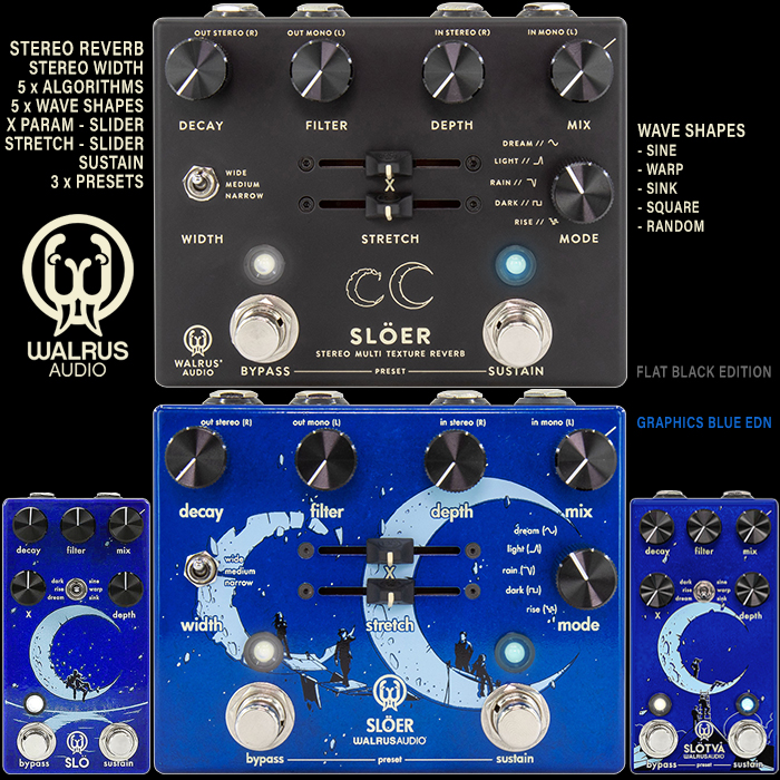 Walrus Audio elevates its Slö format to the Full Stereo Slöer Multi Texture Reverb with 5 algorithms, 5 Wave Shapes and 3 onboard Presets