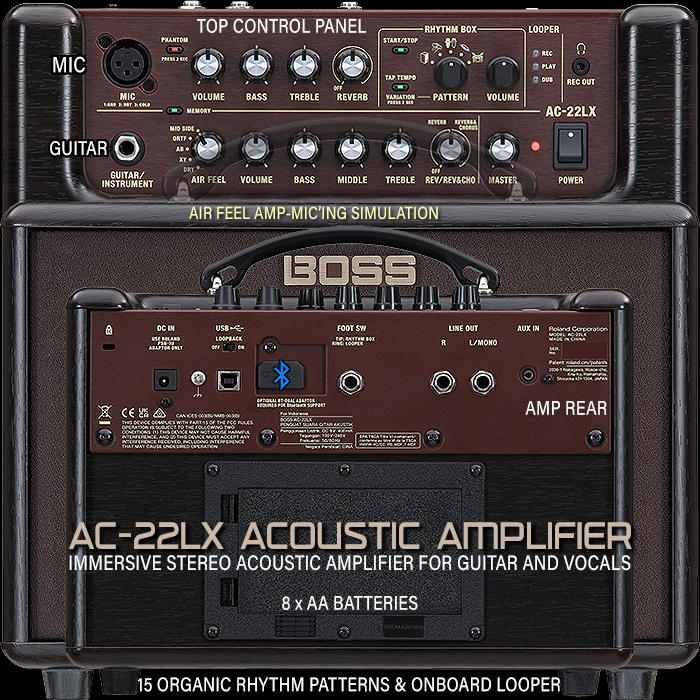 Boss's AC-22LX Acoustic Amplifier is the perfect Amp for the Acoustic Guitar Singer/Songwriter and comes loaded with smart Immersive Stereo, a Rhythm Box and Looper