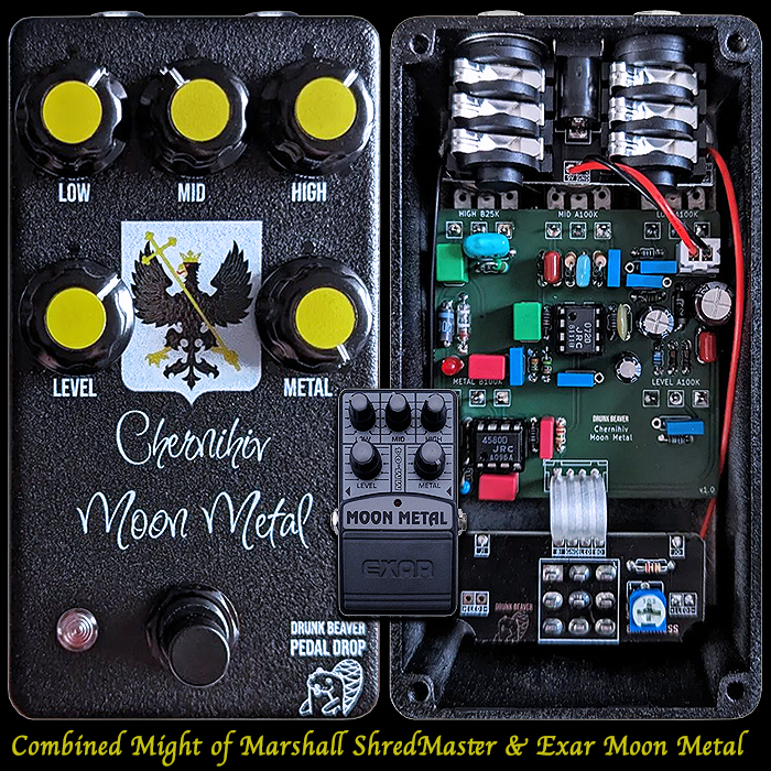 Drunk Beaver's 12th Pedal Drop - the Chernihiv Moon Metal Distortion combines the best of 2 legendary high gain pedals - the Marshall ShredMaster and Exar Moon Metal