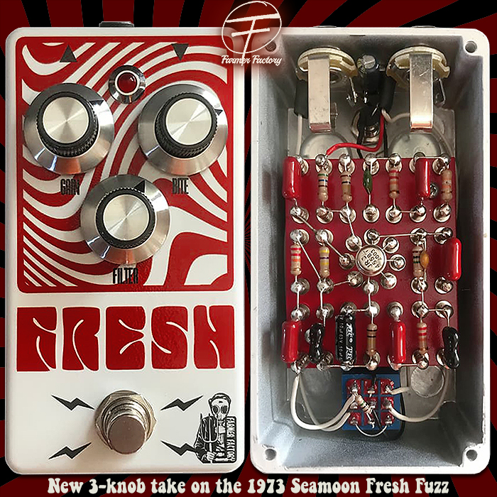 Farmer Factory further improves its take on the 1973 Seamoon Fresh Fuzz Opamp variety - now with 3rd Filter knob, top-mounted jacks and beautiful turret-style circuit construction