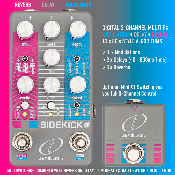 Crazy Tube Circuits shrinks down and improves on its ingenious 80's inspired Sidekick Multi-FX, and doubles down on the number of algorithms