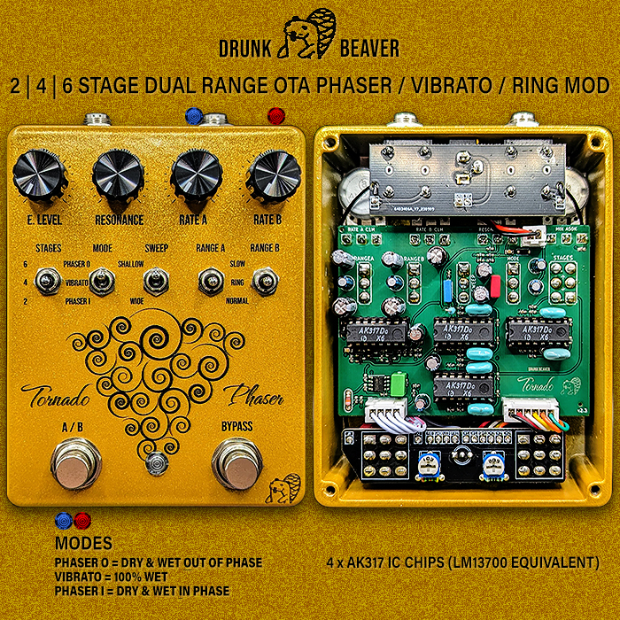 Drunk Beaver's Tornado V2 2-4-6 Stage Dual Range OTA Phaser is one of the most practical and versatile superior sounding Phase-Shift Modulators