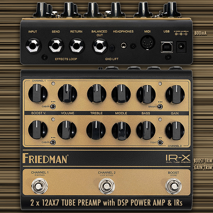 Dave Friedman's new floor-based IR-X hybrid amplifier perfectly combines a 2 x 12AX7 Dual Channel Tube Preamp with DSP Power Amp & User Definable IR's