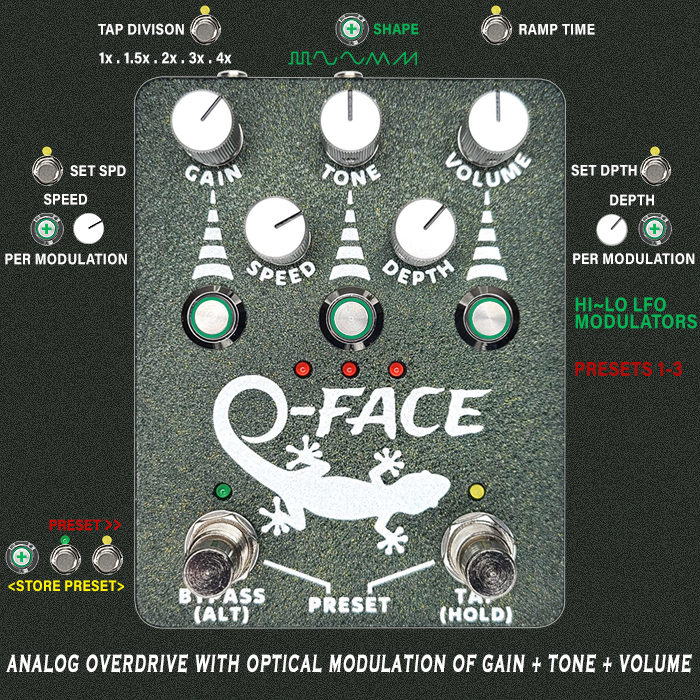 Gecko Pedals' new O-Face is a unique Analog Overdrive with Optical Modulation of its 3 main control knobs - Gain, Tone, and Volume