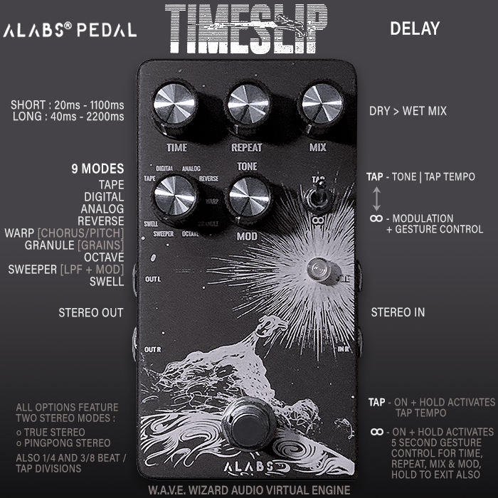 ALABS Audio's TimeSlip Stereo Delay delivers a superb mix of 9 Classic and Futuristic Delay Algorithms - with added Gesture Control smarts and extended controls