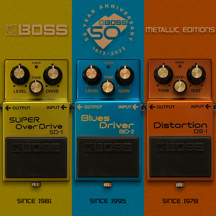 Boss Celebrates 50 years of Pioneering History with Special Limited Metallic Editions of 3 of its Legendary Pedals - the SD-1 Super OverDrive, BD-2 Blues Driver, and DS-1 Distortion