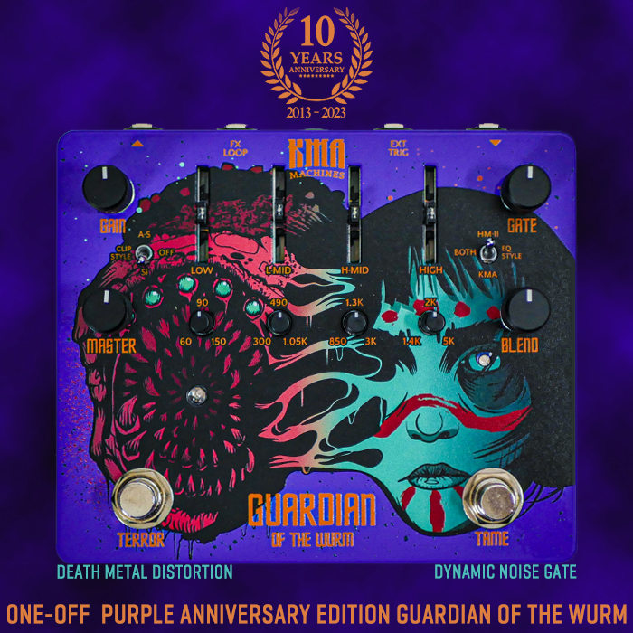 The fourth pedal up for grabs in KMA Machines' 10 Year Anniversary Celebrations is the One-Off Purple Guardian of the Wurm HM-2 style Distortion with Smart Noisegate