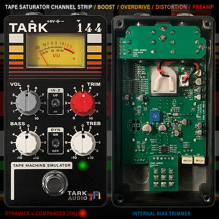 Tark Audio's 144 Tape Machine Emulator is a supremely smart Preamp + EQ + Dynamics Pedal derivation of the Teac Tascam 144 4-Track Casette Portastudio