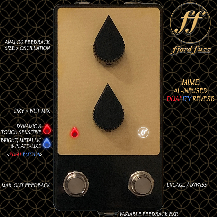 Fjord Fuzz's MIME Duality Reverb combines AI-prompted Bright, Metallic, Plate-like Blue Mode Reverb with Complementary Warm, Dynamic and Touch-sensitive Red Mode Reverb