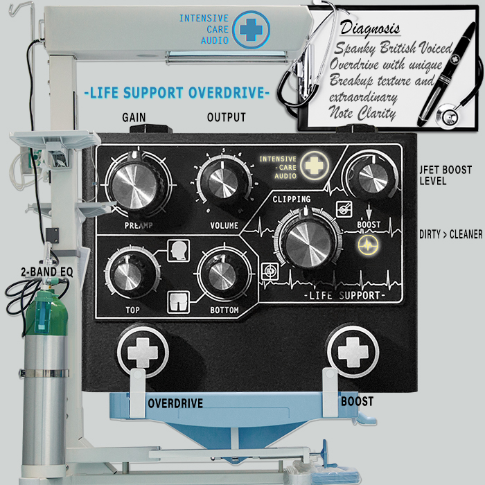 Intensive Care Audio's new Life Support Overdrive + Boost delivers a unique bright sounding voicing which transports you to the heyday of classic 60's and 90's British Pop