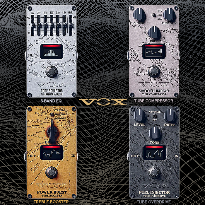 Vox releases second quartet of NuTube-powered Valvenergy Pedals - an EQ, Compressor, Treble Booster, and Tube Overdrive