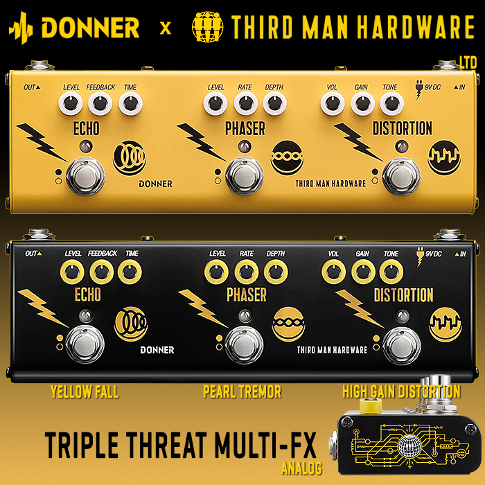 Jack White's Third Man Hardware collaborates with Donner Music for the all-analog Triple Threat Multi-Effect Pedal, featuring High Gain Distortion + Phaser + Echo