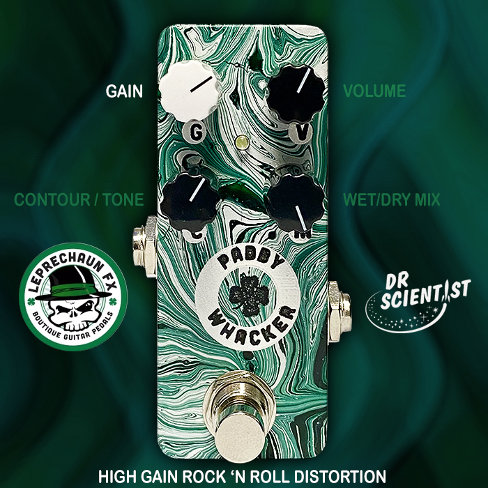 Leprechaun FX collaborates with Dr Scientist for the beautifully textured Paddy Whacker High Gain Rock 'N Roll Mini Distortion Pedal