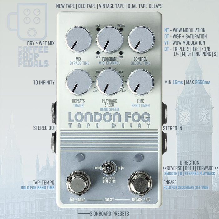 Coffee Shop Pedals delivers ingenious feature-packed compact stereo London Fog Tape Style Delay