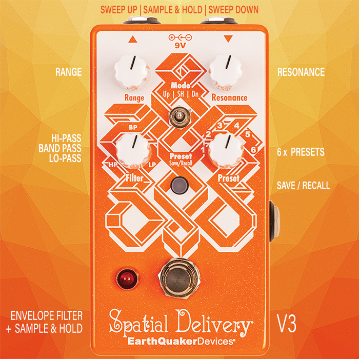 3rd in EarthQuaker Devices 6-Preset Series is the versatile V3 Spatial Delivery Envelope Filter with Sample & Hold
