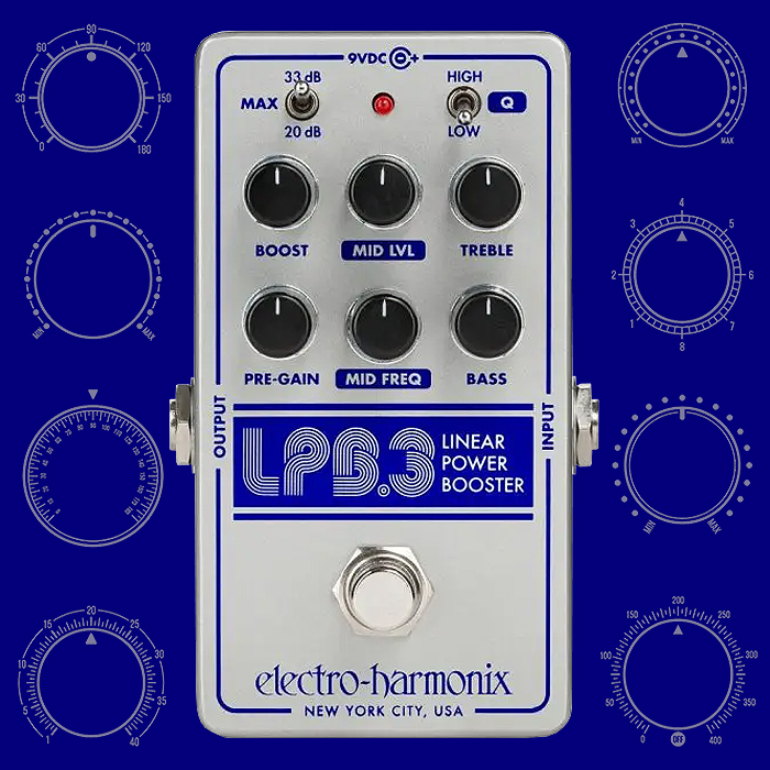 Electro-Harmonix massively extends its legendary Linear Power Booster pedal as the LPB-3 - with additional 3-Band + Parametric Mids EQ and Pre-Gain