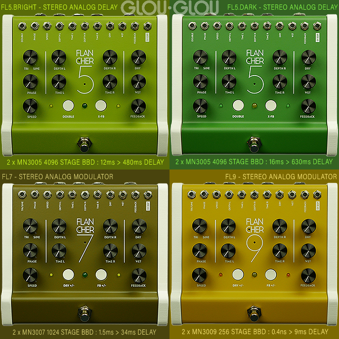 Glou-Glou really impresses by releasing 4 diverse Millisecond-Range Flancher variant Voltage-Controlled Analog BBD Stereo Delay / Modulation Devices - all at the same time