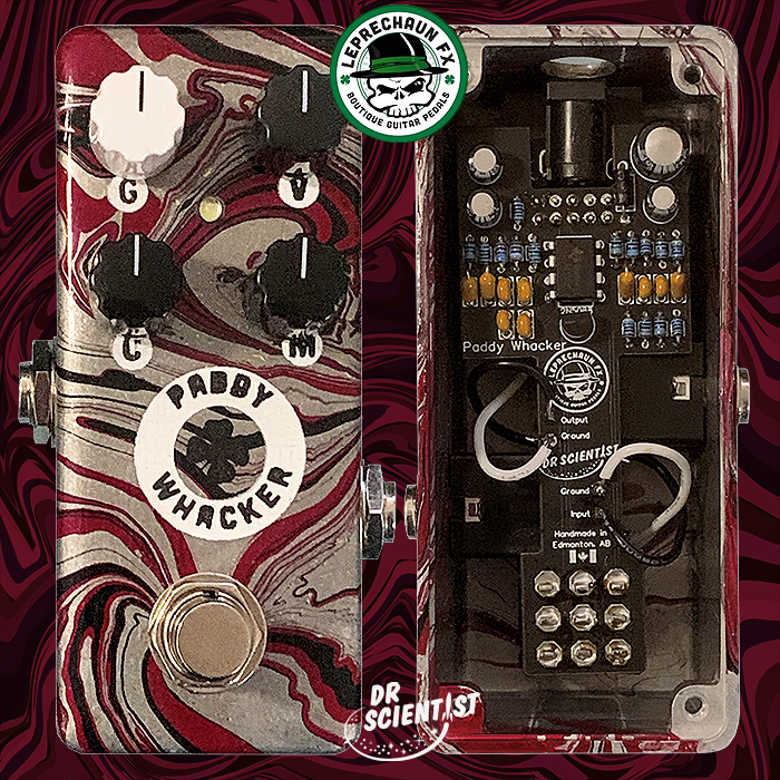 My Leprechaun FX Paddy Whacker Distortion has landed, featuring a fetching red and black swirl on top of a silver sparkle enclosure