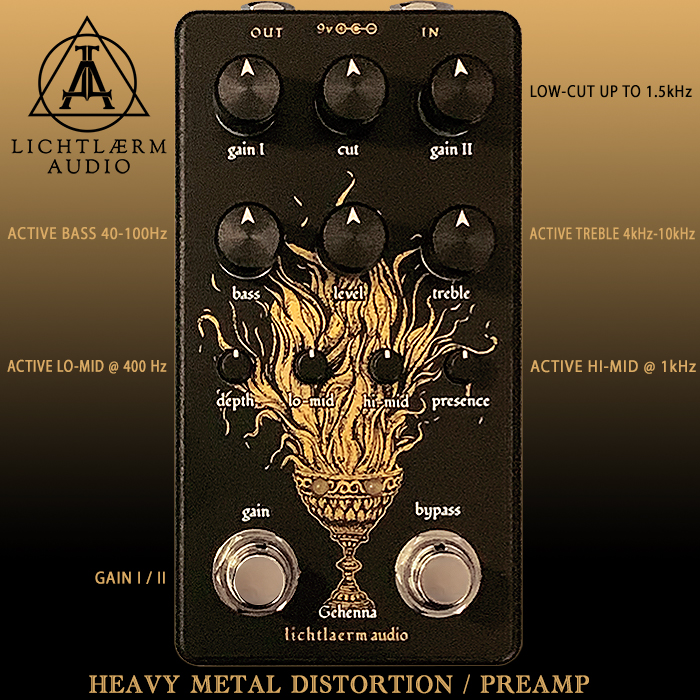 Lichtlaerm Audio's Gehenna Heavy Metal Distortion / Preamp combines a thunderous bottom end with incredible punch and depth of flavour