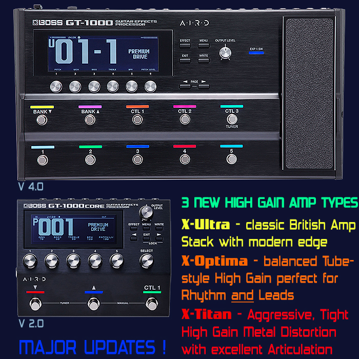 Guitar Pedal X GPX Blog Boss announces significant V4 Update for the GT 1000 and V2 Update for the GT 1000 Core which includes 3 New High Gain Amp Types