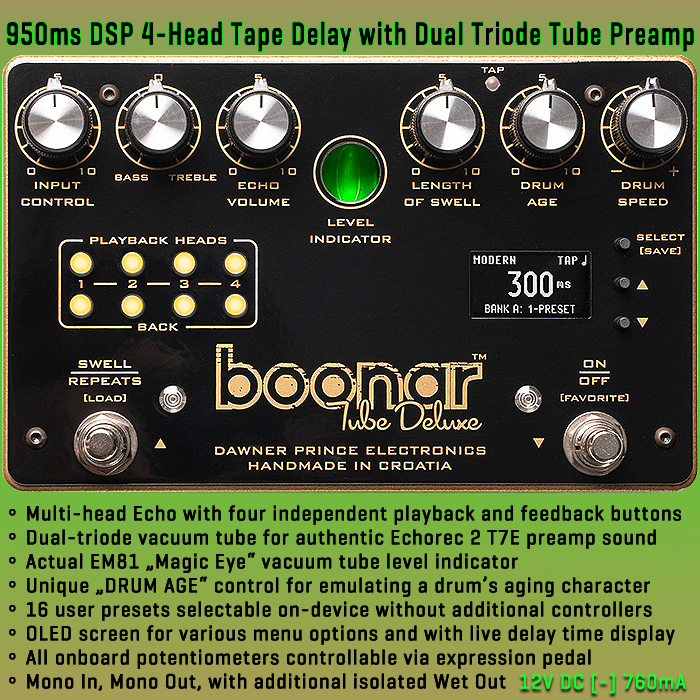5 years after it was first teased, Dawner Prince finally announces Pre-Orders for its Boonar Tube Deluxe Echorec Tape style Delay