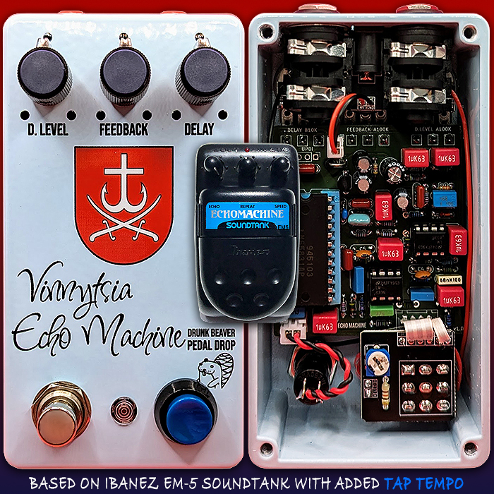 Drunk Beaver's Pedal Drop #22 the Vinnytsia Echo Machine is an evolved take on the Ibanez EM-5 - with added Tap Tempo, and Longer Delay Time